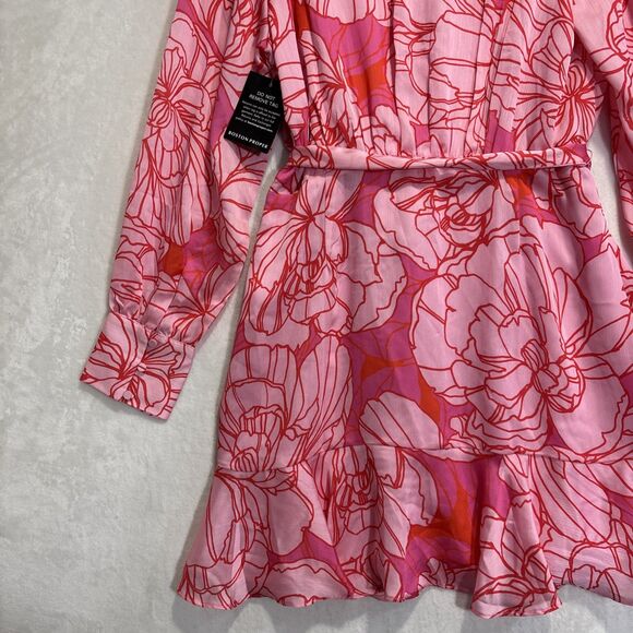 Boston Proper Blooming Outlines Print Button Up Ruffle Flounce Dress Pink 14 NWT - Picture 10 of 16